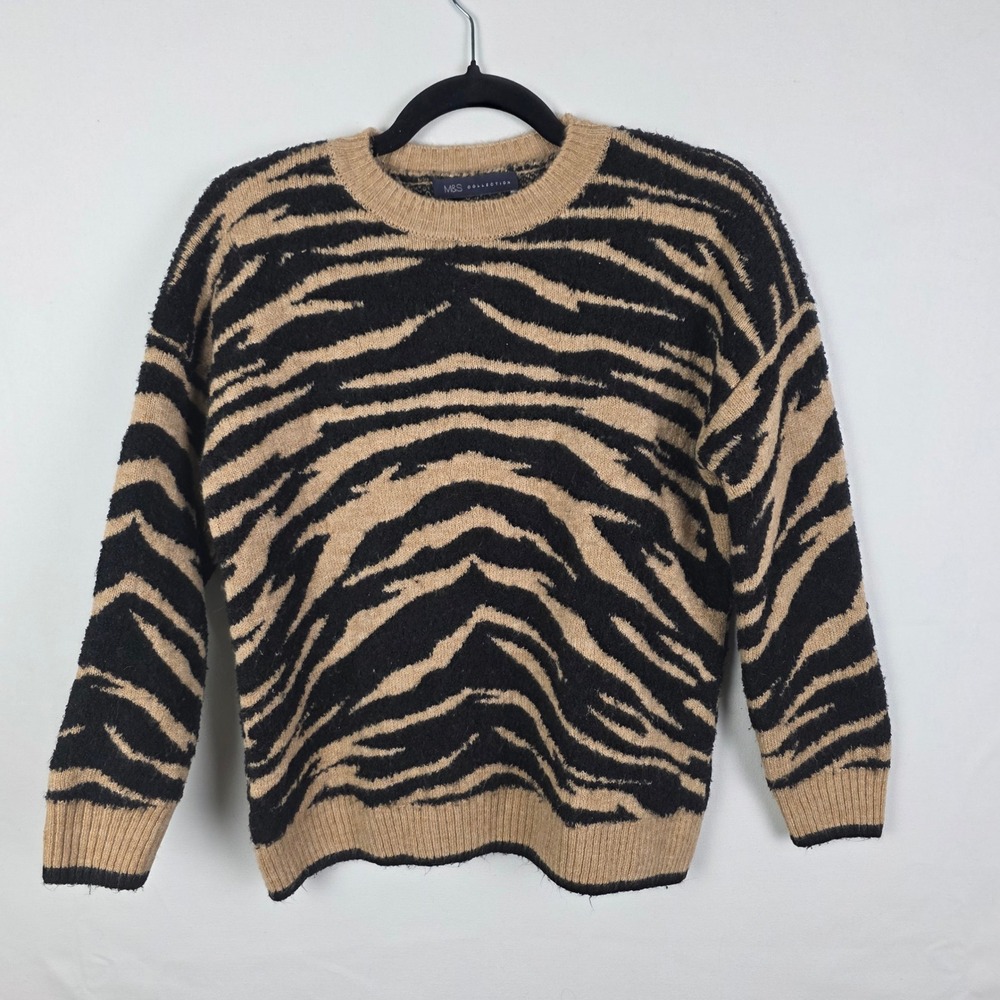 M&S Collection Womens Tiger Stripe Animal Print‎ Sweater Oatmeal Black Small